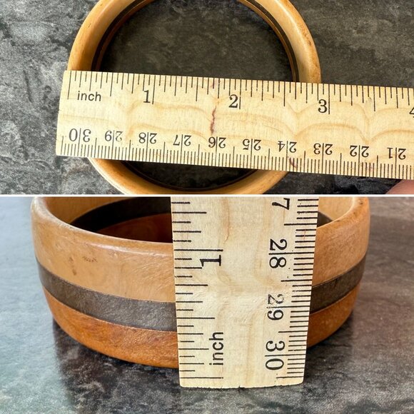 Handcrafted Wooden Bangle Bracelet With Natural Finish and Dark Accent Band Boho - Picture 4 of 8
